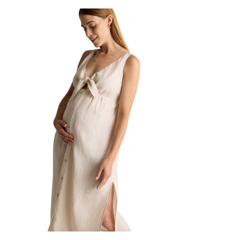 Quince 100% European Linen Maternity & Nursing Tie Front Midi Dress Sz L